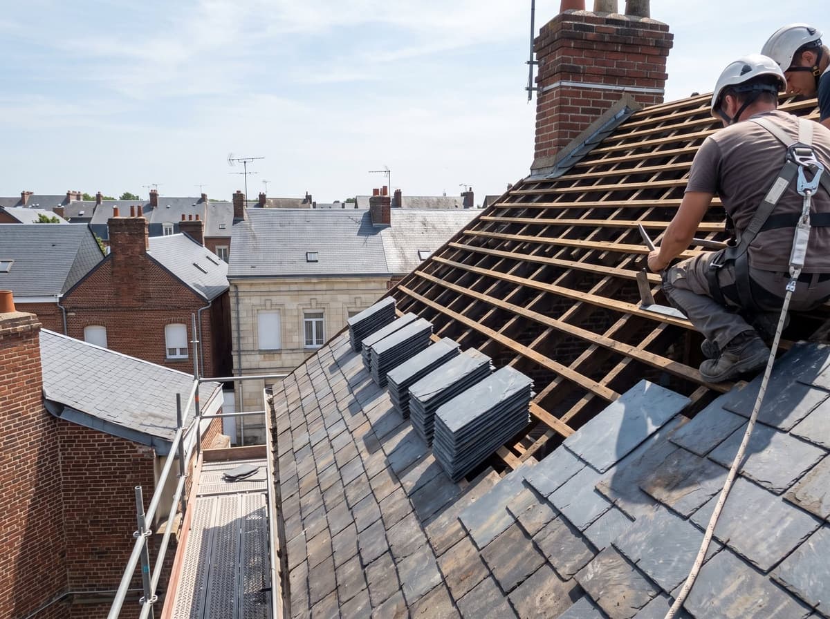 Pose d'une couverture en ardoise sur une habitation de l'Arrageois