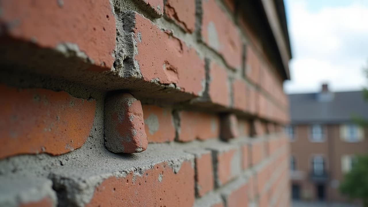 Point de jonction entre une souche de cheminée en brique et une toiture d'ardoise, solin métallique visible