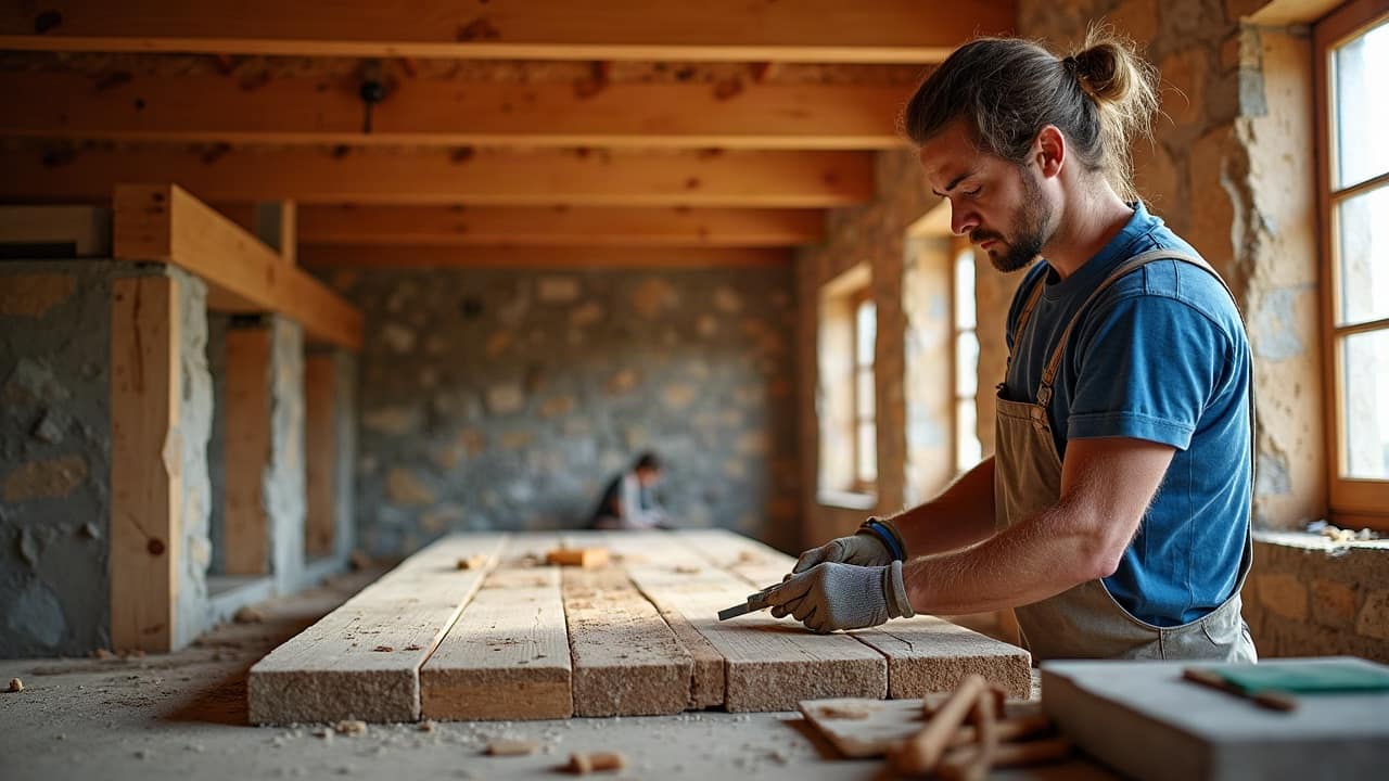 Assemblage de charpente traditionnelle en bois massif vu depuis des combles non aménagés