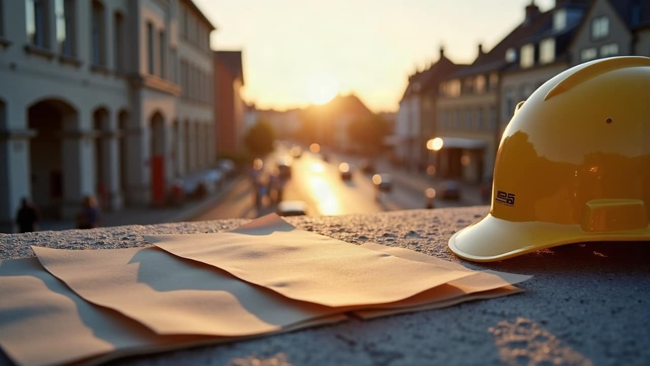 Feuille de devis posée sur un établi de chantier, silhouette floutée, casque de sécurité à proximité
