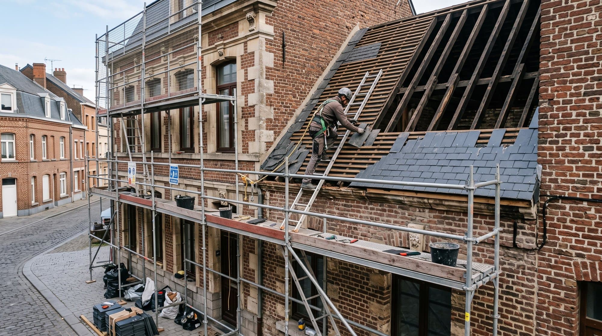 Vue d'une rangée de toitures d'ardoise et de cheminées en brique dans une rue du centre-ville d'Arras