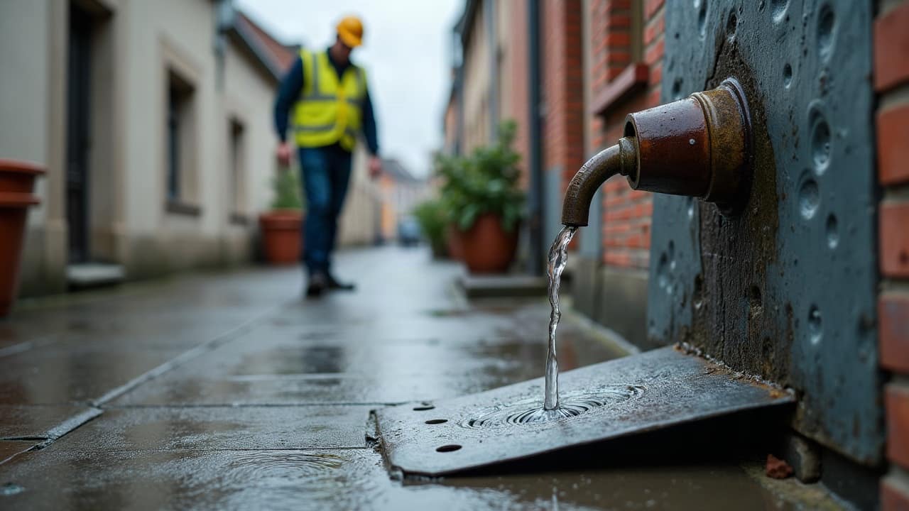 Eau qui déborde d'une gouttière en zinc pendant un épisode de pluie, façade de brique en arrière-plan