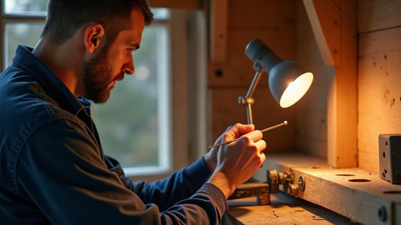 Technicien examinant un assemblage de charpente en bois à l'aide d'une lampe, combles non aménagés