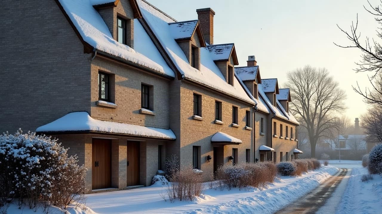 Fine couche de givre sur un rang d'ardoises grises, lumière d'hiver froide et matinale