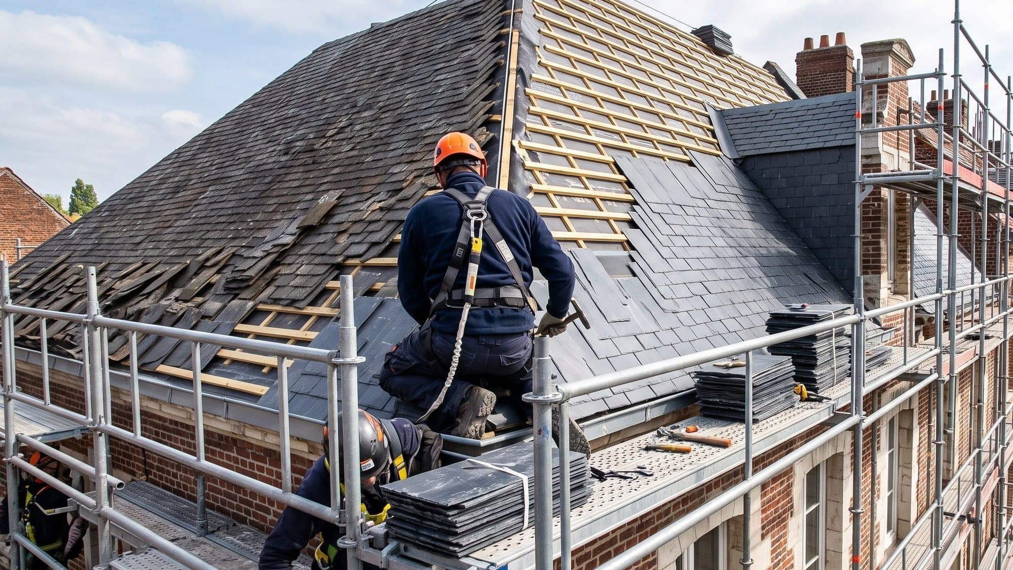 Vue de combles aménagés en bois avec chevrons apparents, lumière naturelle filtrant par une fenêtre de toit
