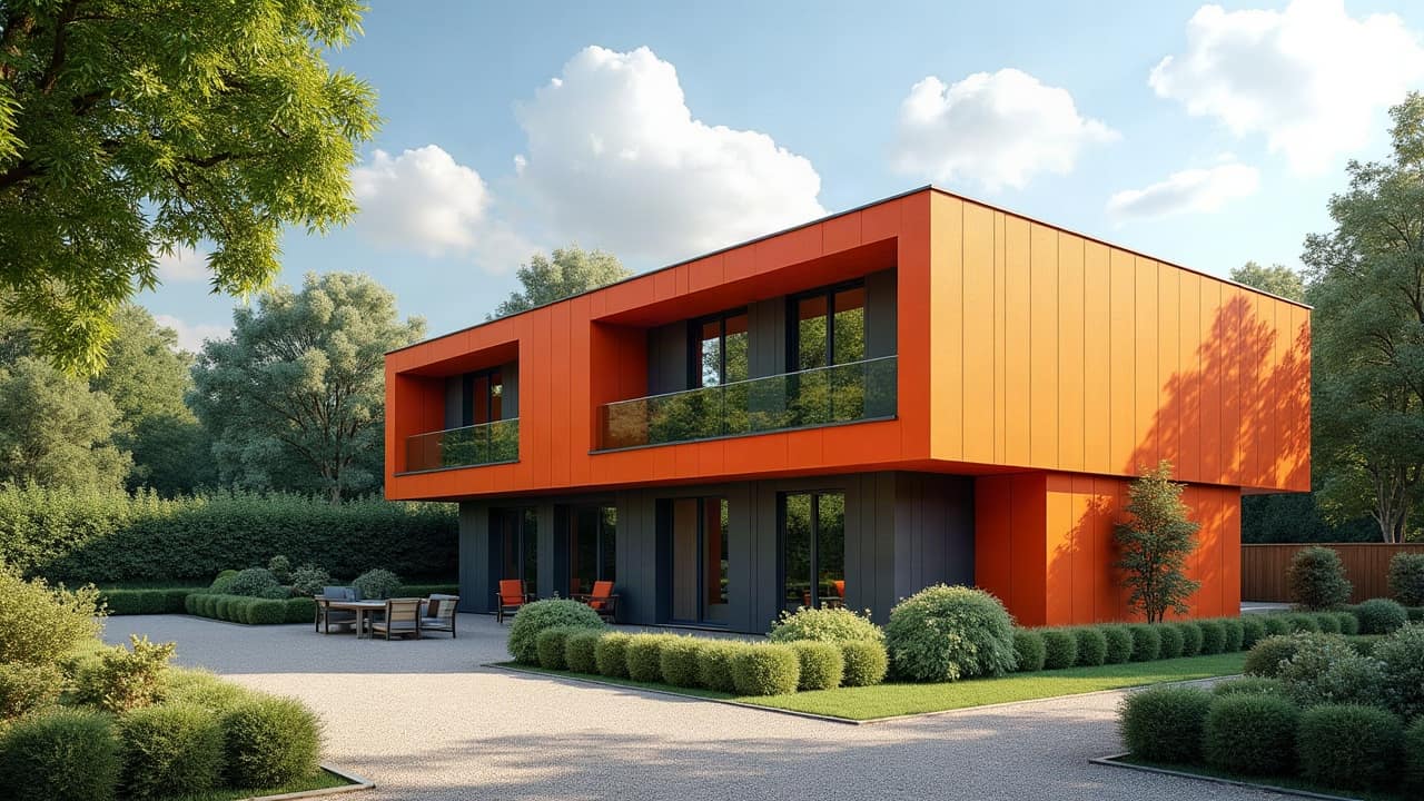 Toiture en tuile mécanique orangée sur un pavillon récent, jardin clôturé visible en premier plan