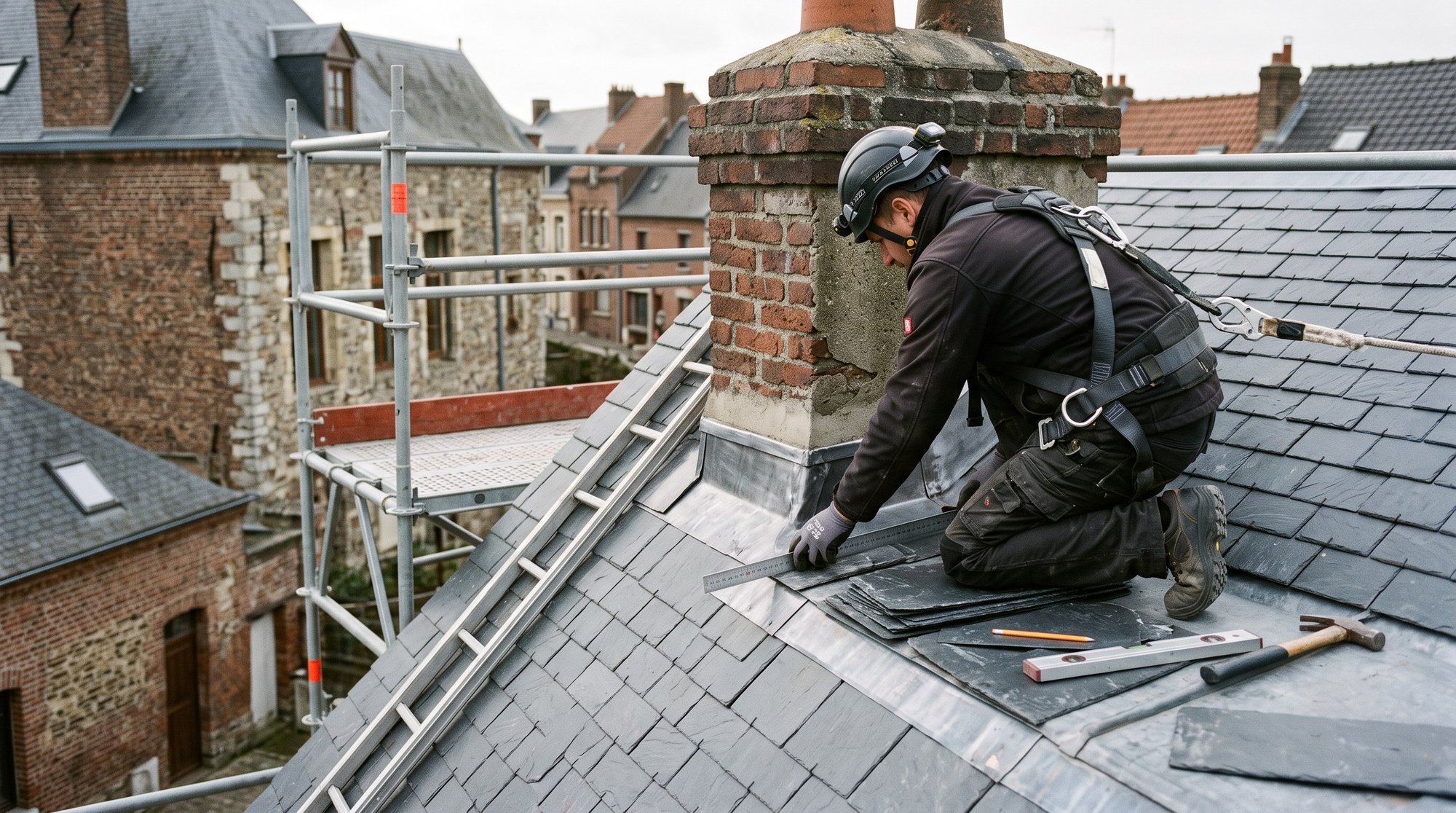Technicien examinant de près un point singulier de couverture en ardoise, outil de mesure posé à proximité