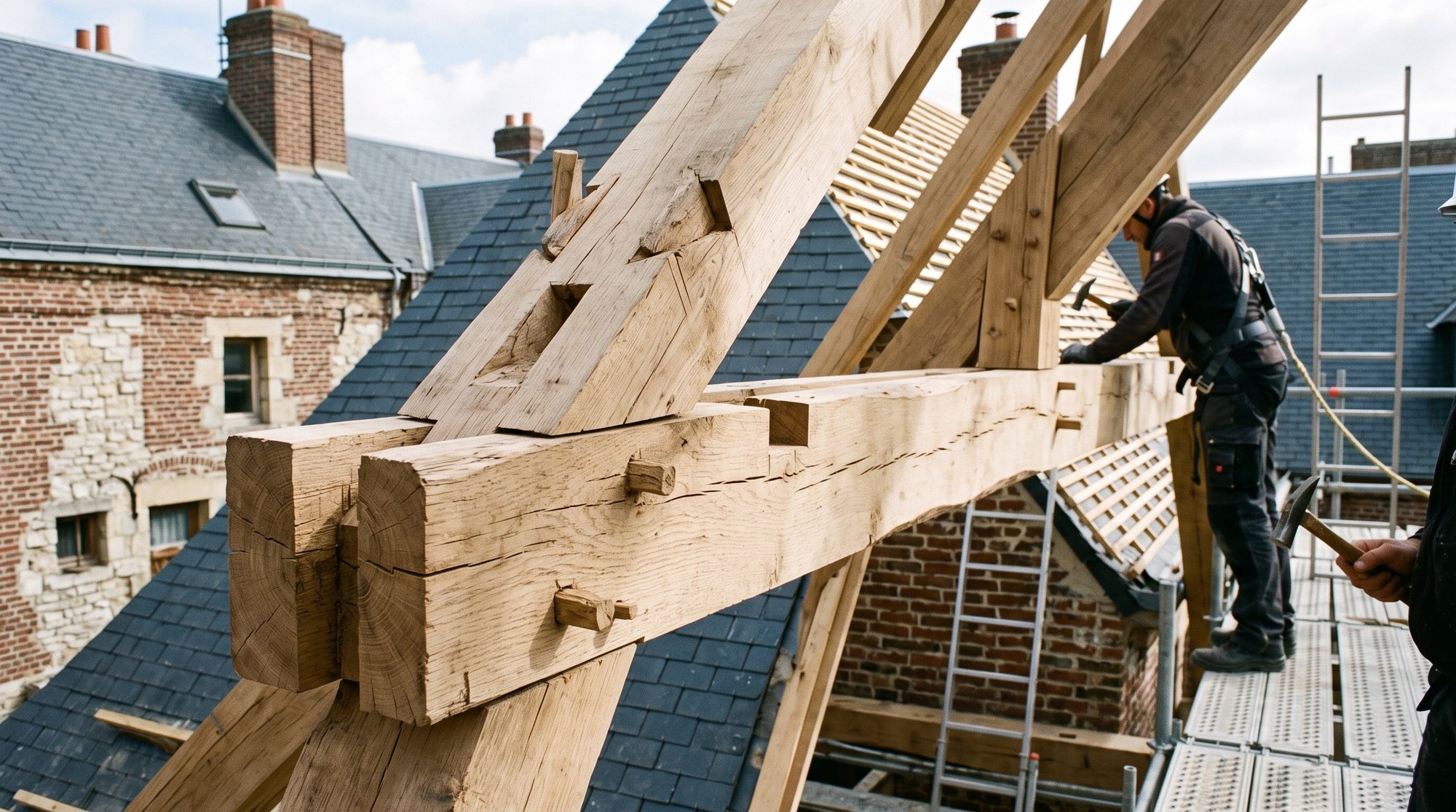 Assemblage traditionnel en bois d'une charpente, chevilles et entailles visibles sur une panne maîtresse