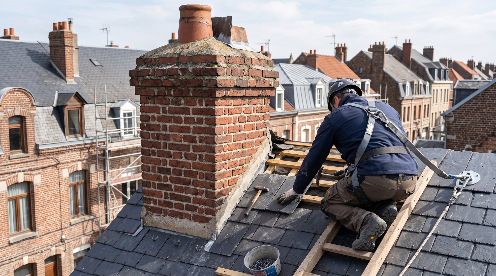 Détail d'une souche de cheminée en brique et d'un rang d'ardoises sur une toiture du centre-ville d'Arras