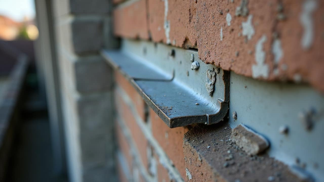 Vue rapprochée d'un profilé de noue en zinc entre deux versants de toiture, débris végétaux visibles en fond de creux