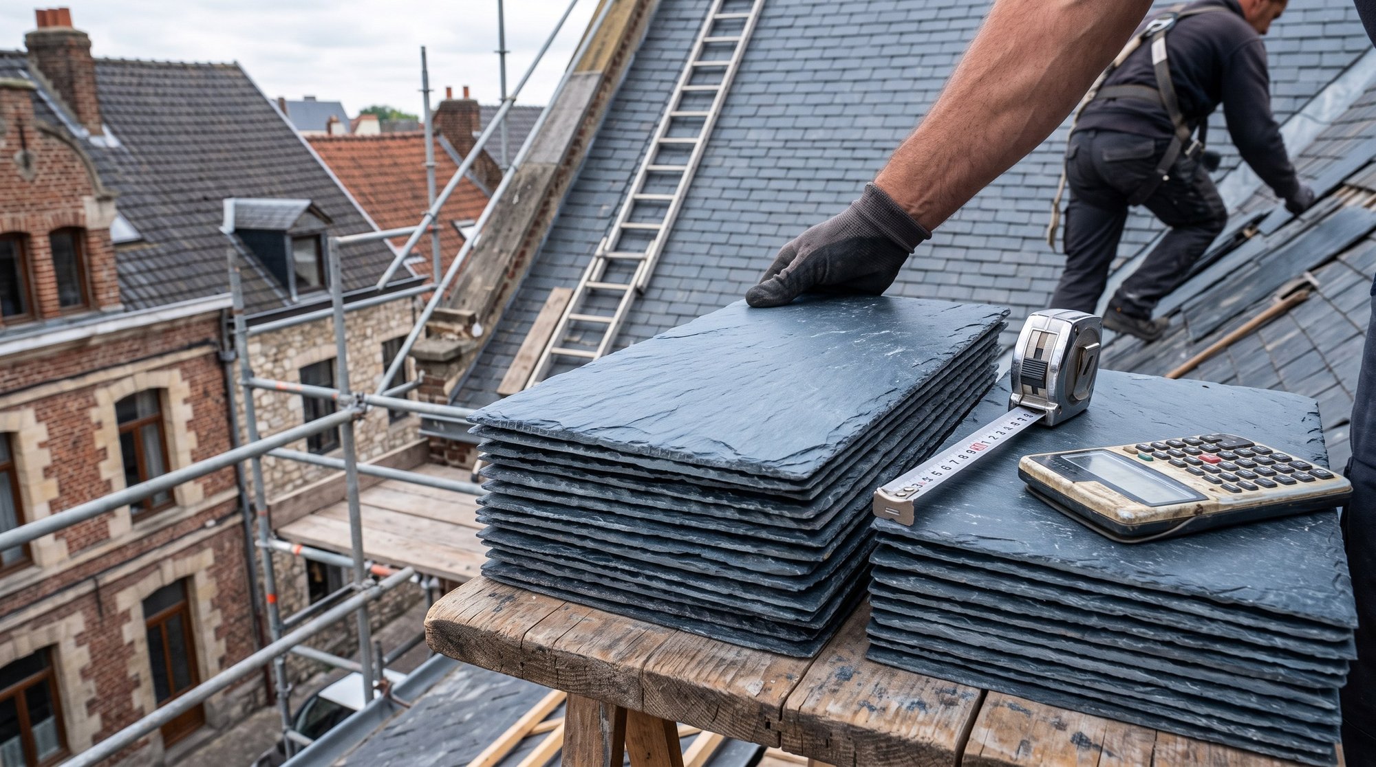 Ardoises neuves empilées sur un établi de chantier avec un mètre ruban et une calculatrice, gros plan sur le matériau