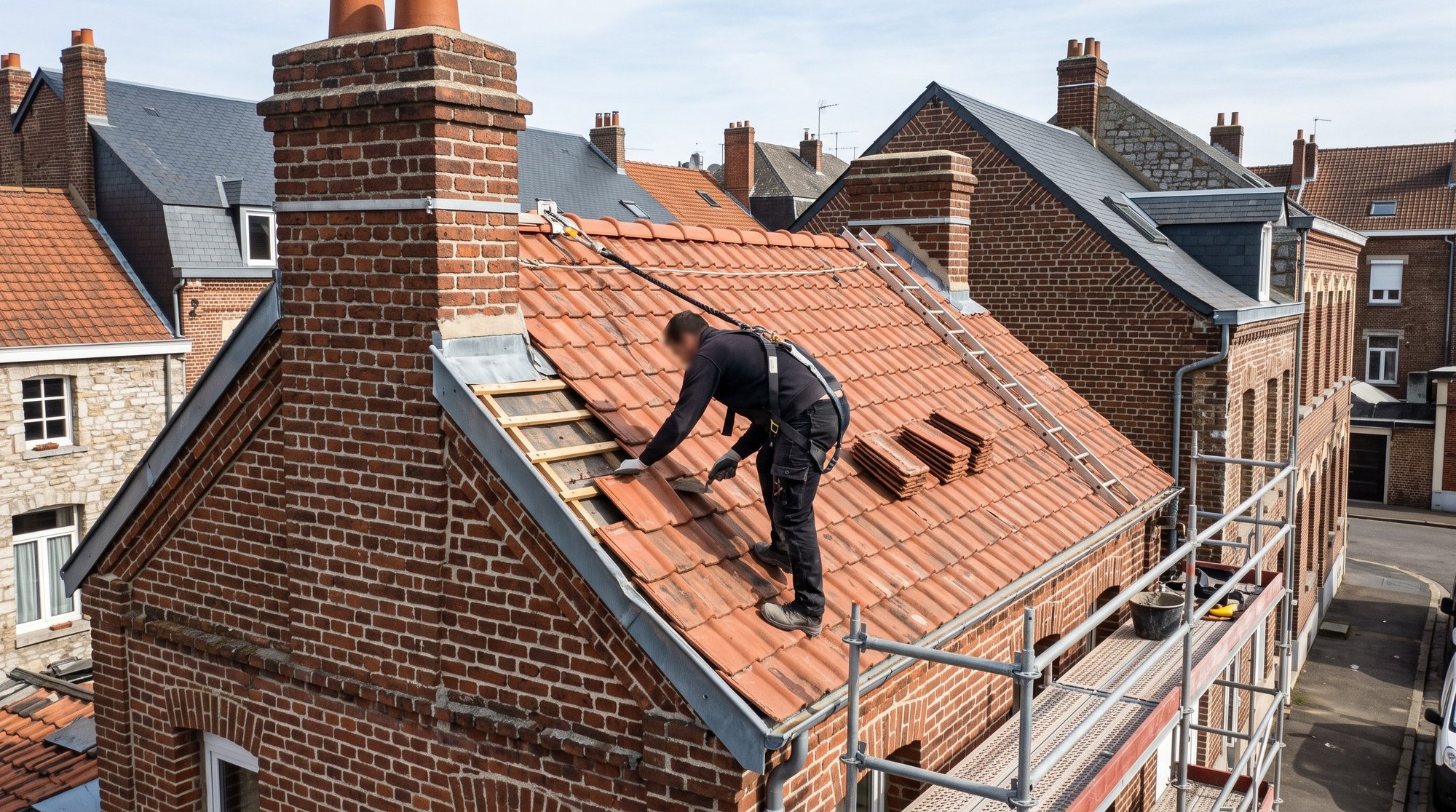 Toiture en tuile sur une maison de brique typique des quartiers reconstruits d'Arras, cheminée en brique visible