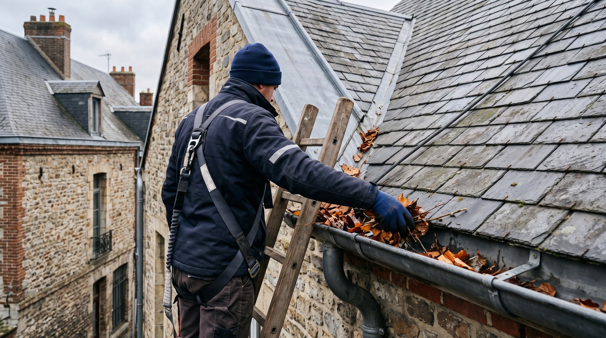 Gouttière en zinc partiellement obstruée par des feuilles mortes accumulées, vue depuis une échelle